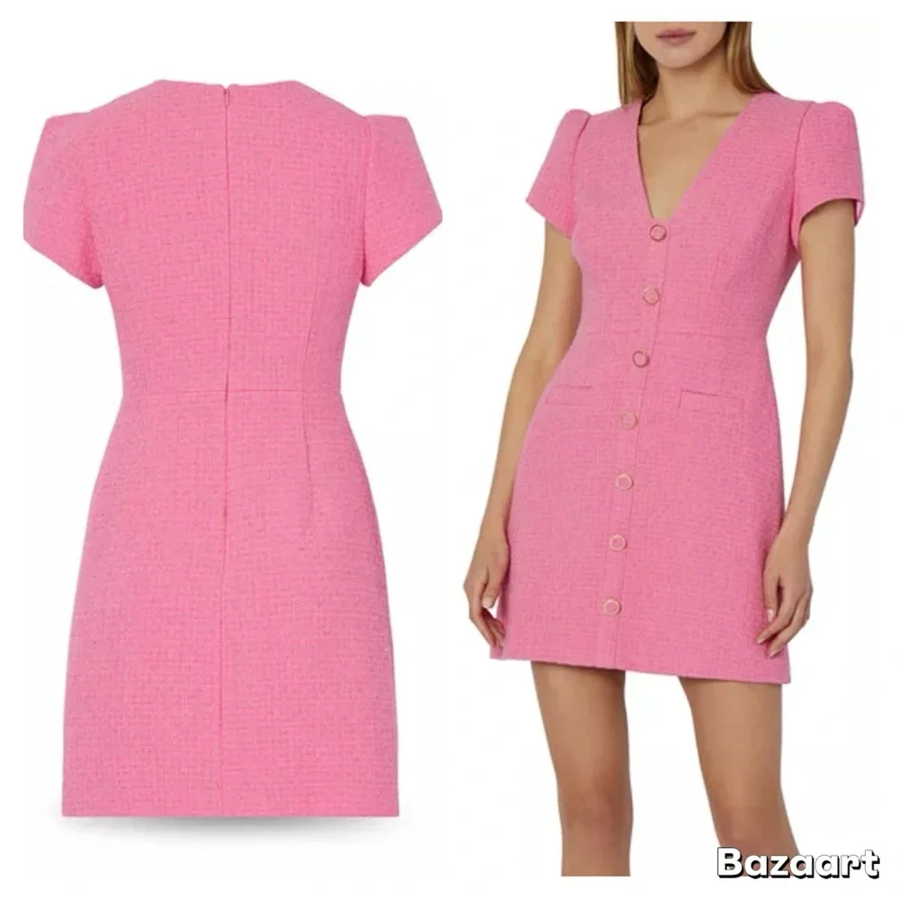 MILLY Genevie Pink Bouclé V Neck Dress  NWOT - Picture 3 of 13
